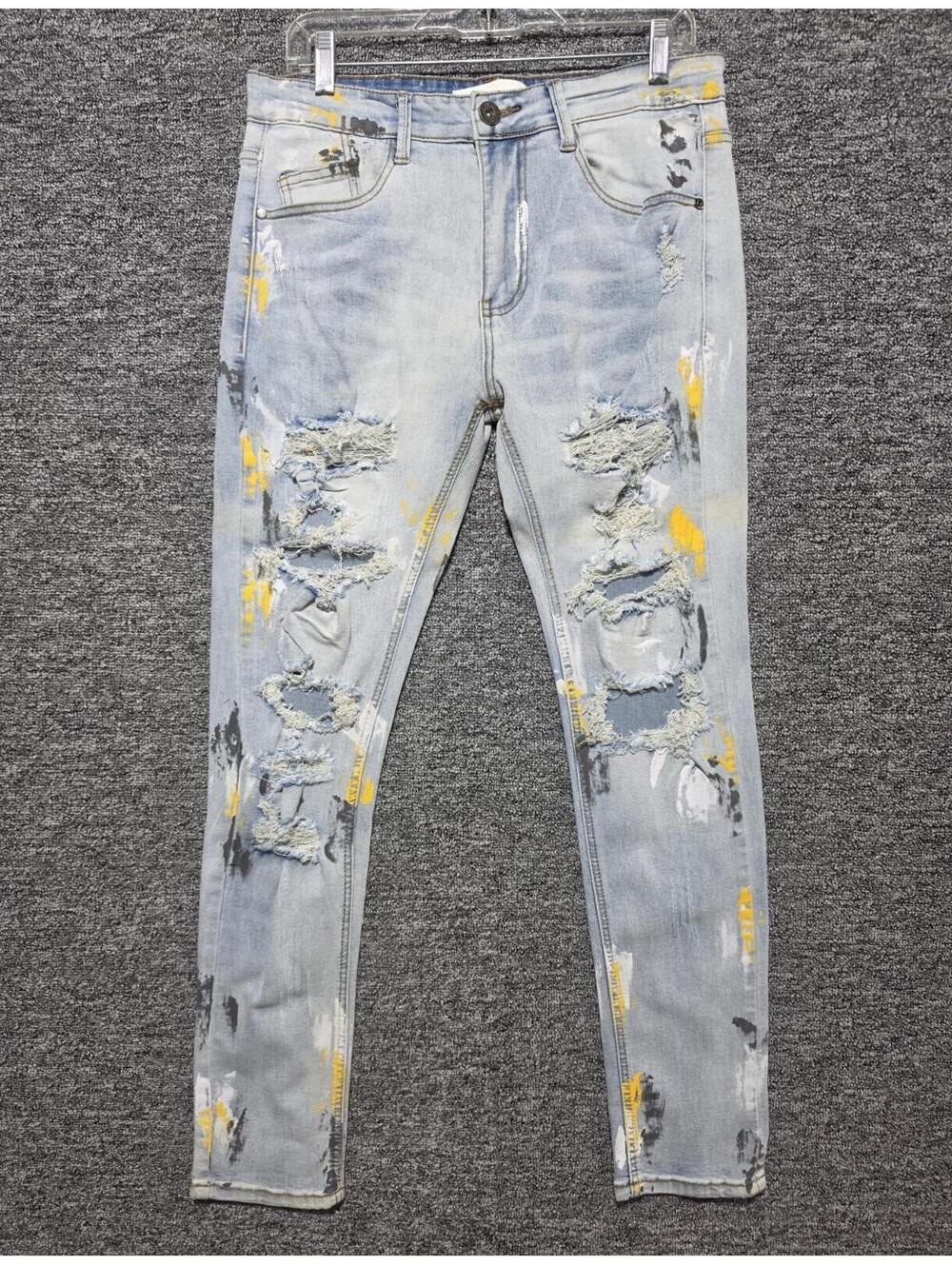 KDNK Skinny Fit Light Wash Blue Denim Jeans Distressed Paint Splatter Stretch